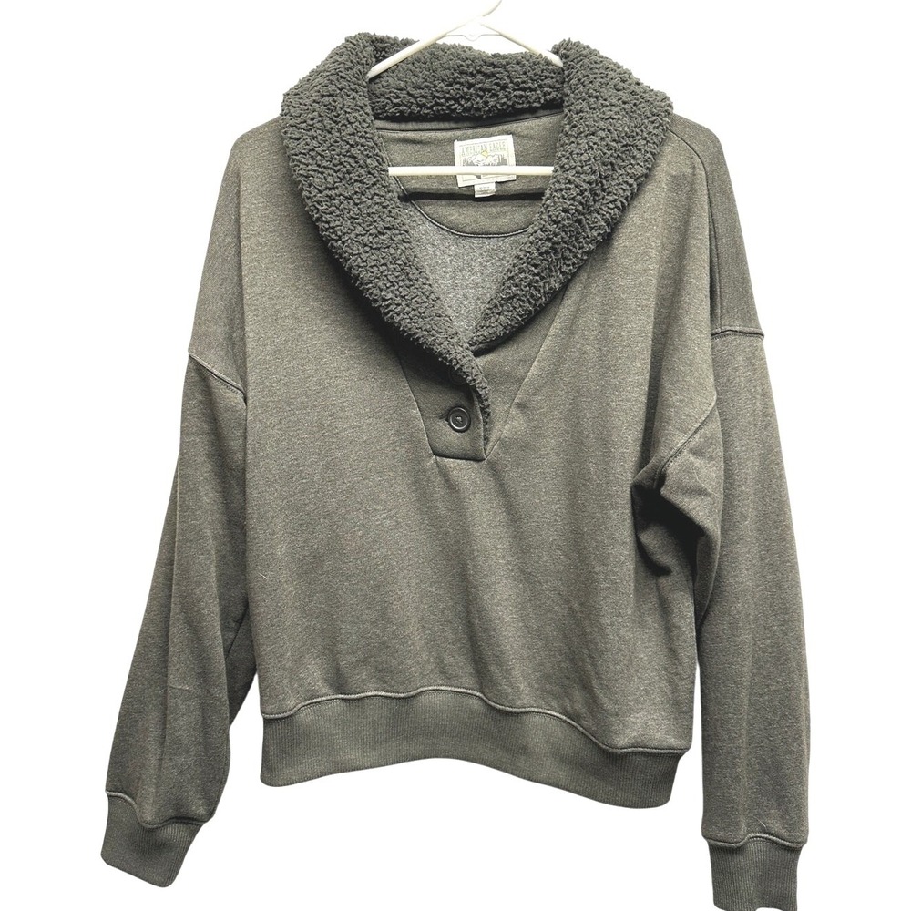 American Eagle Sherpa Collar Pullover Sweatshirt M‎ Olive Green Cozy Button Neck